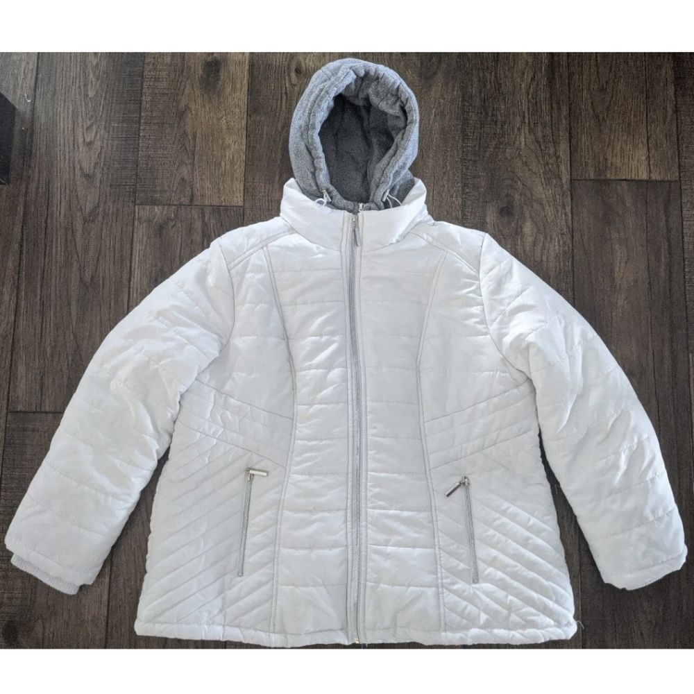 DETAILS INTL Womens White Puffer Jacket/Coat w/ Gray Sweatshirt Hood - Size XXL.